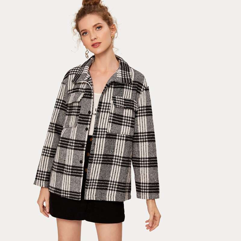 

Plaid Print Button Up Coat, Black and white