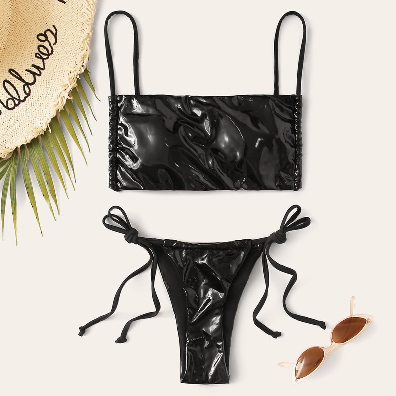 

PU Backless Top With Tie Side Bikini Set, Black