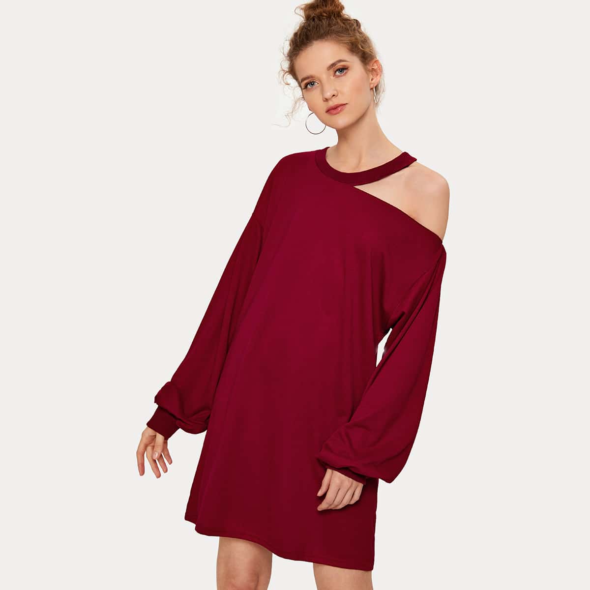 

Asymmetrical Neck Solid Sweatshirt Dress, Red