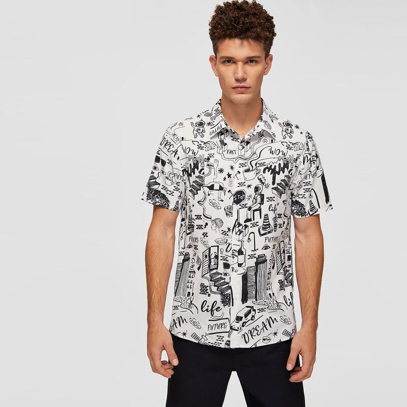 

Guys All Over Graphic Print Shirt, Black and white