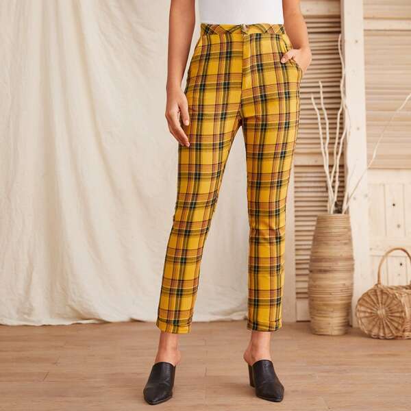 

Zip Fly Plaid Pocket Side Pants, Multicolor