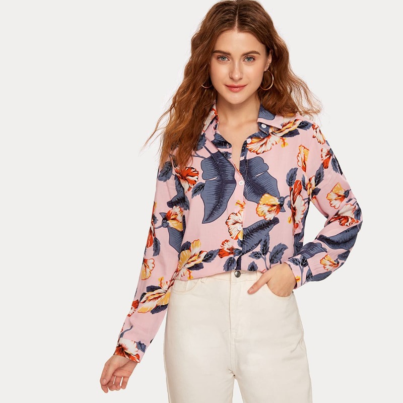 

Tropical Print Button Up Blouse, Multicolor