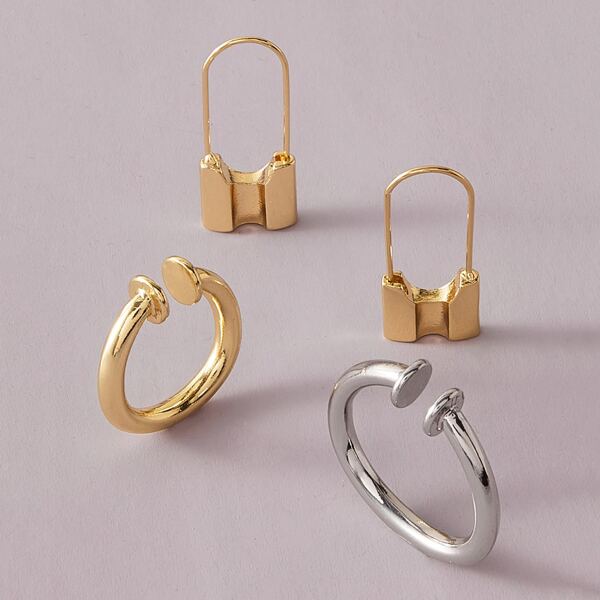 

2pairs Lock & Circle Cuff Earrings Set, Multicolor