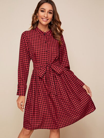 Button Front Gingham Belted Shirt Dress pictures