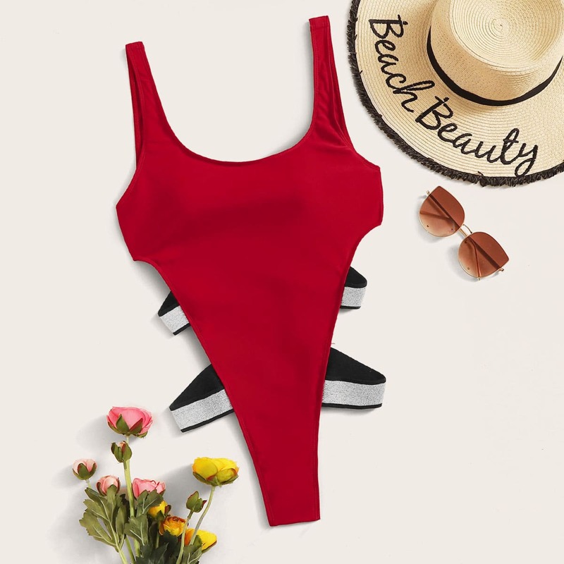 

Glitter Strap Cutout One Piece Swimsuit, Red