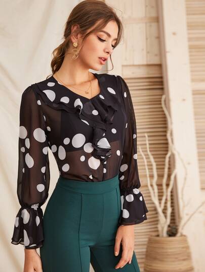 Polka Dot Ruffle Trim Sheer Chiffon Blouse