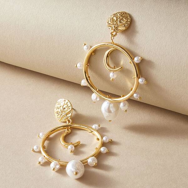 

1pair Moon & Faux Pearl Charm Hoop Drop Earrings, Multicolor
