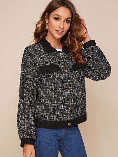Contrast Collar Button Front Tweed Jacket