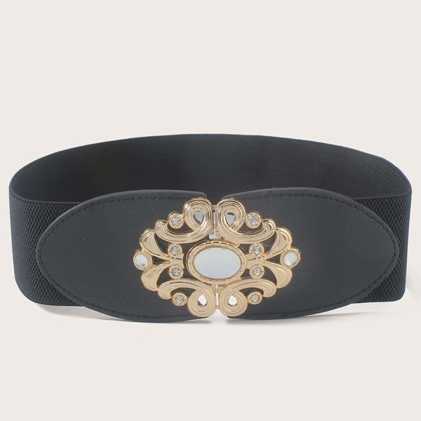 

Rhinestone Engraved Metal Buckle Wide Belt, Black