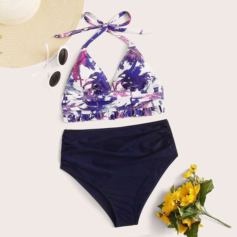 

Coconut Tree Ruffle Top With Ruched Bikini Set, Multicolor