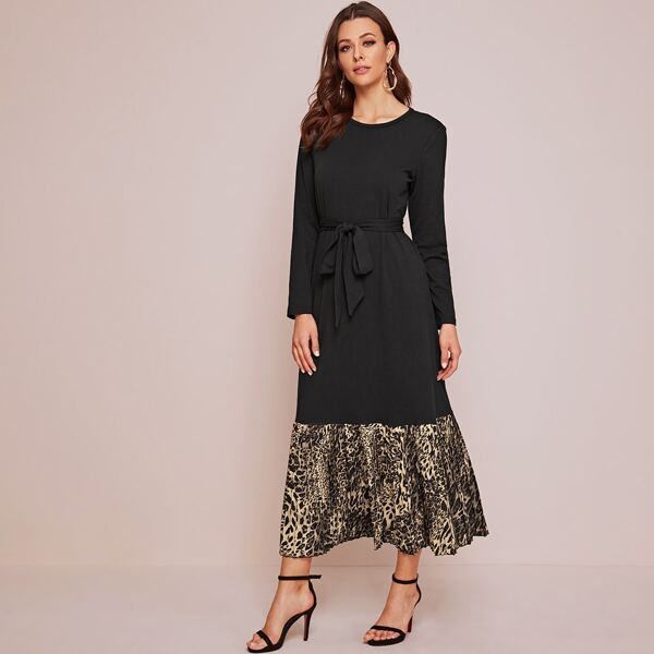 

Contrast Leopard Pleated Hem Belted Dress, Black