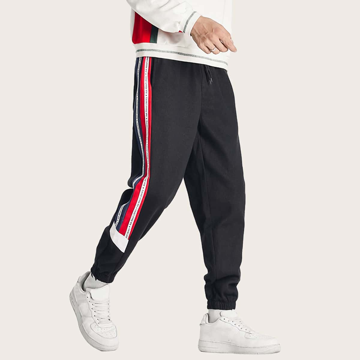 

Guys Contrast Panel Drawstring Waist Sweatpants, Black