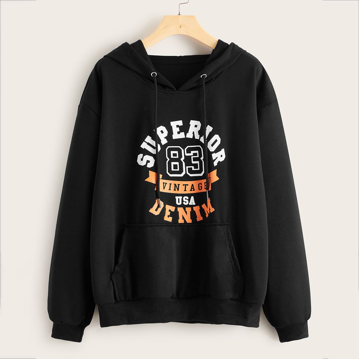 

Letter Graphic Kangaroo Pocket Drawstring Hoodie, Black