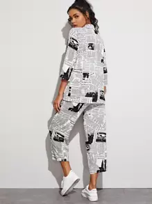 EMERY ROSE Lapel Collar Newspaper Print Blazer & Belted Trousers Set - Black and White - View 2