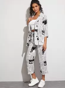 EMERY ROSE Lapel Collar Newspaper Print Blazer & Belted Trousers Set - Black and White - View 4