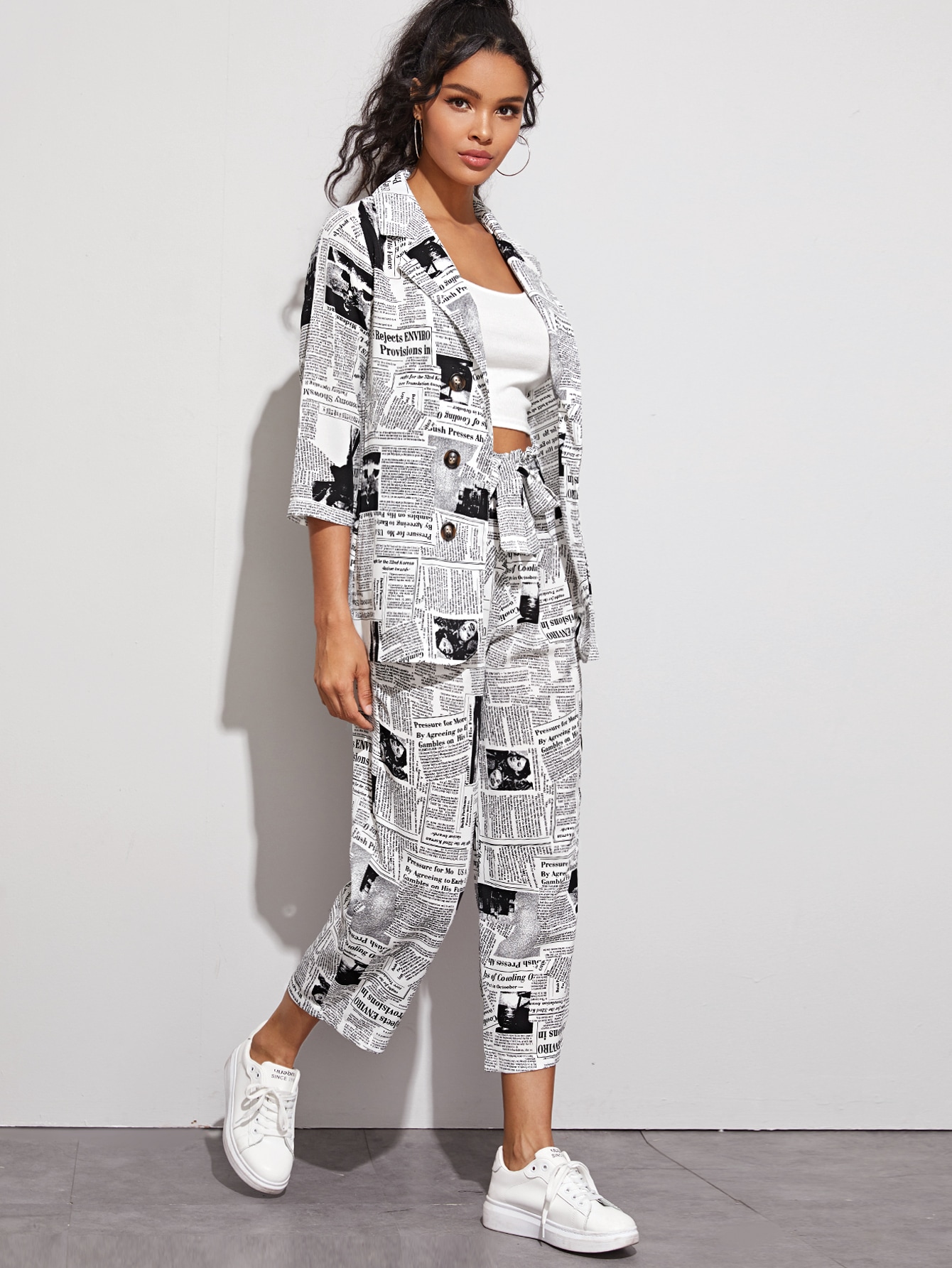 SHEIN Essnce Lapel Collar Newspaper Print Blazer & Belted Trousers Set