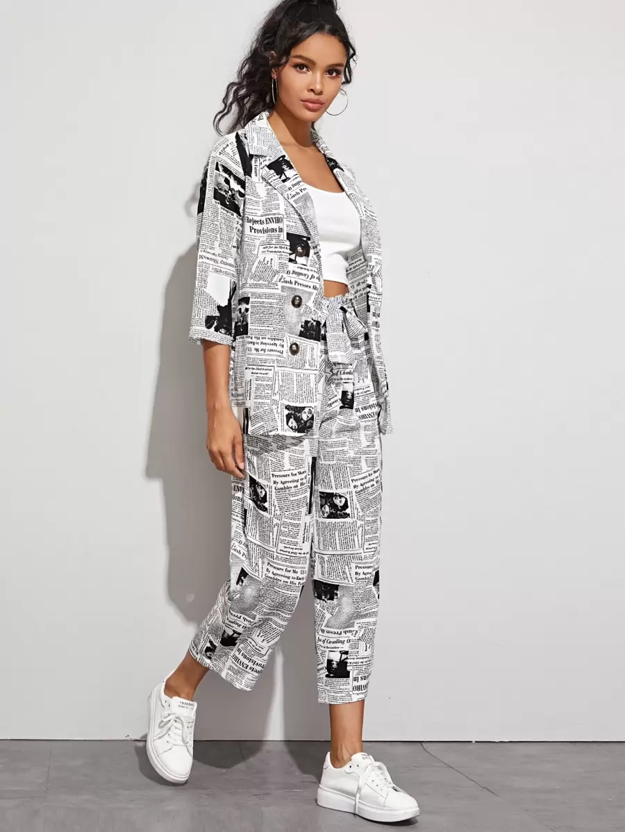 EMERY ROSE Lapel Collar Newspaper Print Blazer & Belted Trousers Set - Black and White - View 1