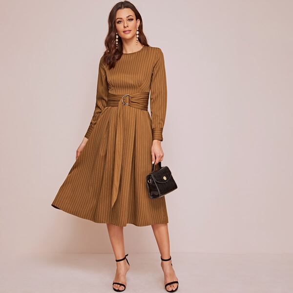

Buttoned Cuff Striped Dress With Belt, Brown