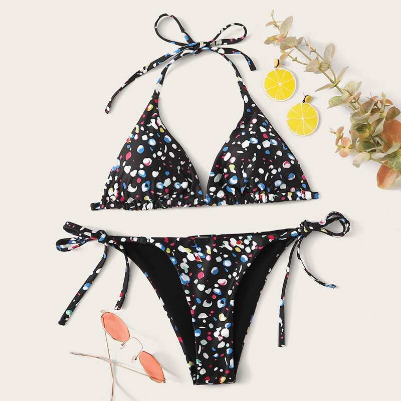 

Allover Print Halter Top With Tie Side Bikini Set, Multicolor