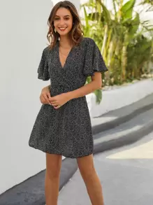 Confetti Print Butterfly Sleeve Dress - Black - View 3