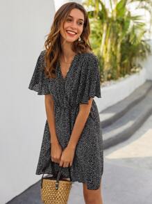 Confetti Print Butterfly Sleeve Dress - Black - View 4