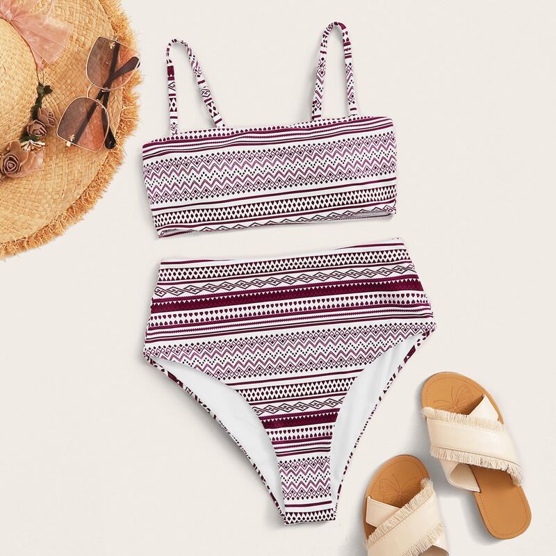

Tribal Print Top With High Waist Bikini Set, Multicolor