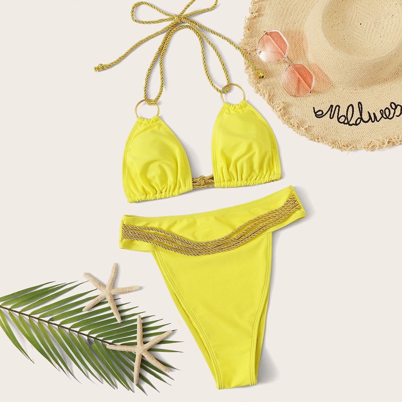 

Braided Strap Ring Linked Halter Bikini Set, Yellow