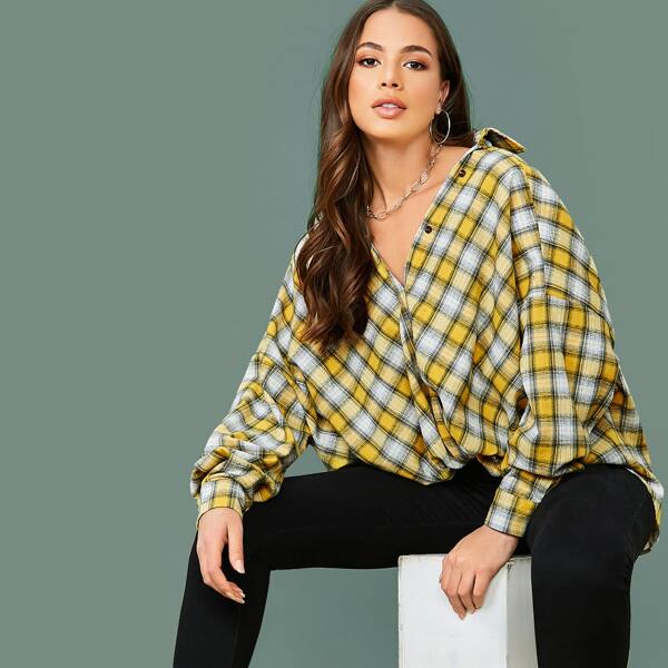 

Button Front Tartan Oversized Blouse, Yellow