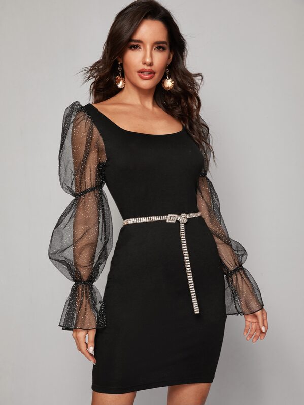 

Glitter Mesh Flounce Sleeve Dress Without Belt, Black, Juliana