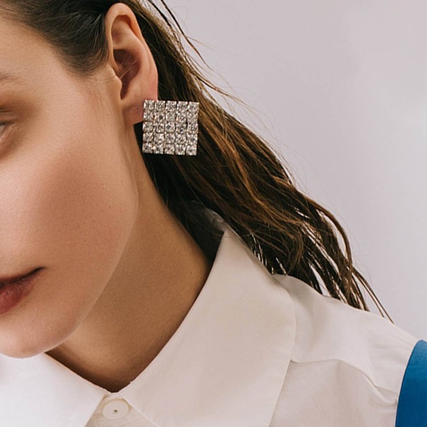 

1pair Rhinestone Engraved Square Stud Earrings, Silver