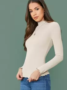 SHEIN Essnce Áo thun Lettuce Trim  màu trơn Màu be Thanh lịch - Màu be - Xem 3
