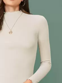 SHEIN Essnce Áo thun Lettuce Trim  màu trơn Màu be Thanh lịch - Màu be - Xem 4