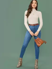 SHEIN Essnce Áo thun Lettuce Trim  màu trơn Màu be Thanh lịch - Màu be - Xem 5