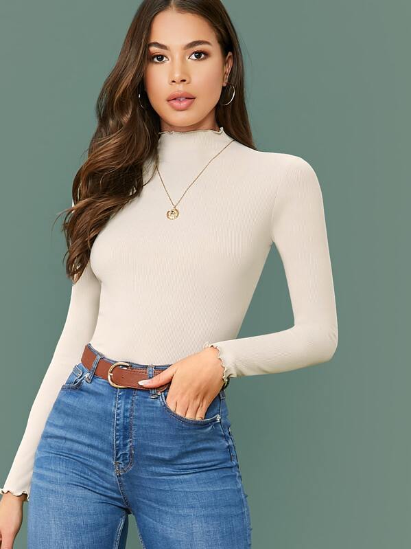 

Mock-Neck Lettuce Trim Form Fitted Top, Beige, Julia Peres