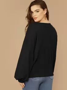SHEIN LUNE Top tejido waffle de manga farol de hombros caídos - grande - Negro - Ver 2