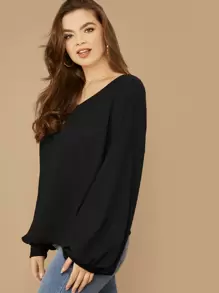 SHEIN LUNE Top tejido waffle de manga farol de hombros caídos - grande - Negro - Ver 3