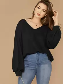SHEIN LUNE Top tejido waffle de manga farol de hombros caídos - grande - Negro - Ver 1