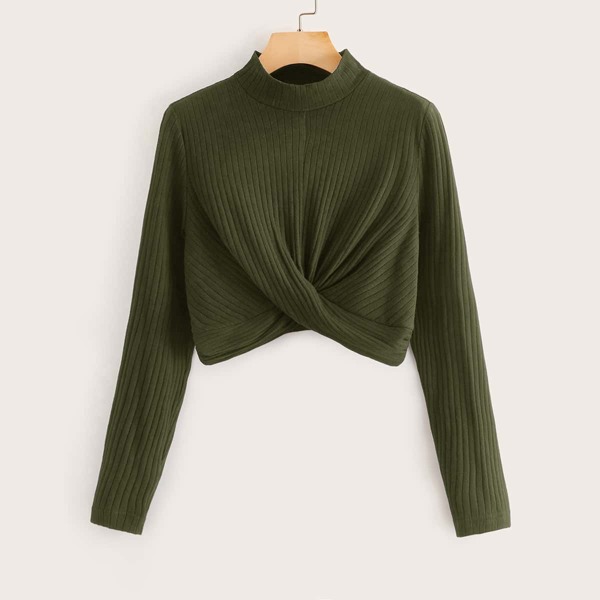 

Twist Hem Rib-knit Solid Tee, Army green