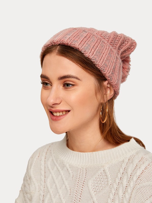 

Pom Pom Decor Knit Beanie, Pink