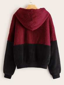 SHEIN Drawstring Detail Colorblock Teddy Hoodie - Multicolor - View 2