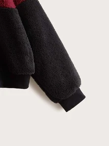 SHEIN Drawstring Detail Colorblock Teddy Hoodie - Multicolor - View 4