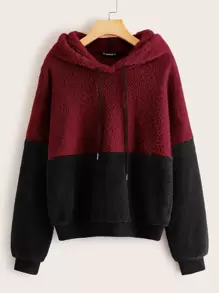 SHEIN Drawstring Detail Colorblock Teddy Hoodie - Multicolor - View 1