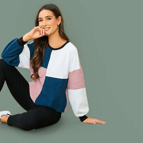

Drop Shoulder Colorblock Cord Pullover, Multicolor