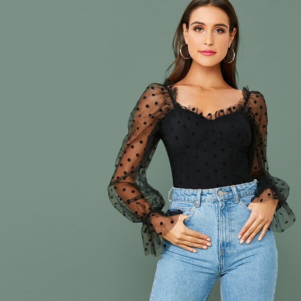 

Flounce Sleeve Polka-dot Mesh Bustier Top, Black