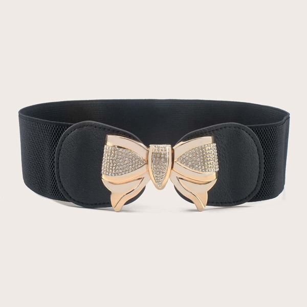 

Rhinestone Decor Bow Knot Buckle Wide Belt, Black