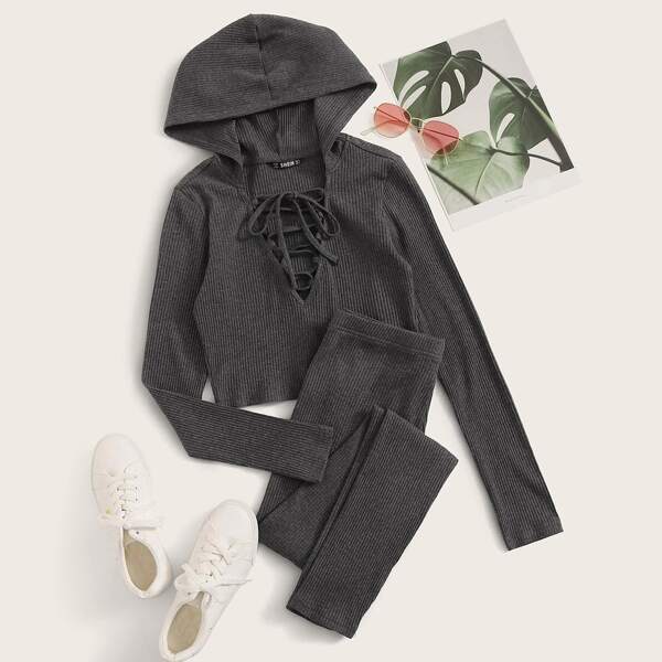 

Plus Lace Up Front Rib-knot Hooded Top & Leggings Set, Grey