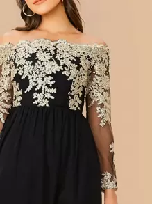 SHEIN Belle Váy Bardot xẻ cao thân lưới thêu, váy dạ hội trang trọng dài tay màu đen thanh lịch, dành cho khách dự tiệc cưới, tốt nghiệp, tiệc tối, váy dự tiệc - màu đen - Xem 4