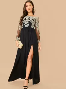 SHEIN Belle Váy Bardot xẻ cao thân lưới thêu, váy dạ hội trang trọng dài tay màu đen thanh lịch, dành cho khách dự tiệc cưới, tốt nghiệp, tiệc tối, váy dự tiệc - màu đen - Xem 5