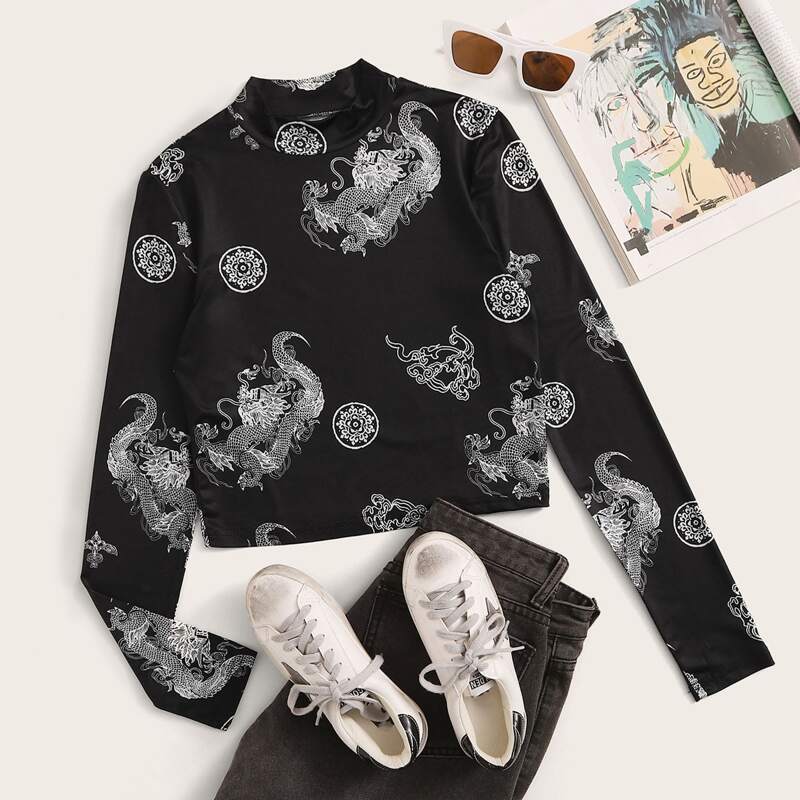 

Dragon Print Mock Neck Tee, Black