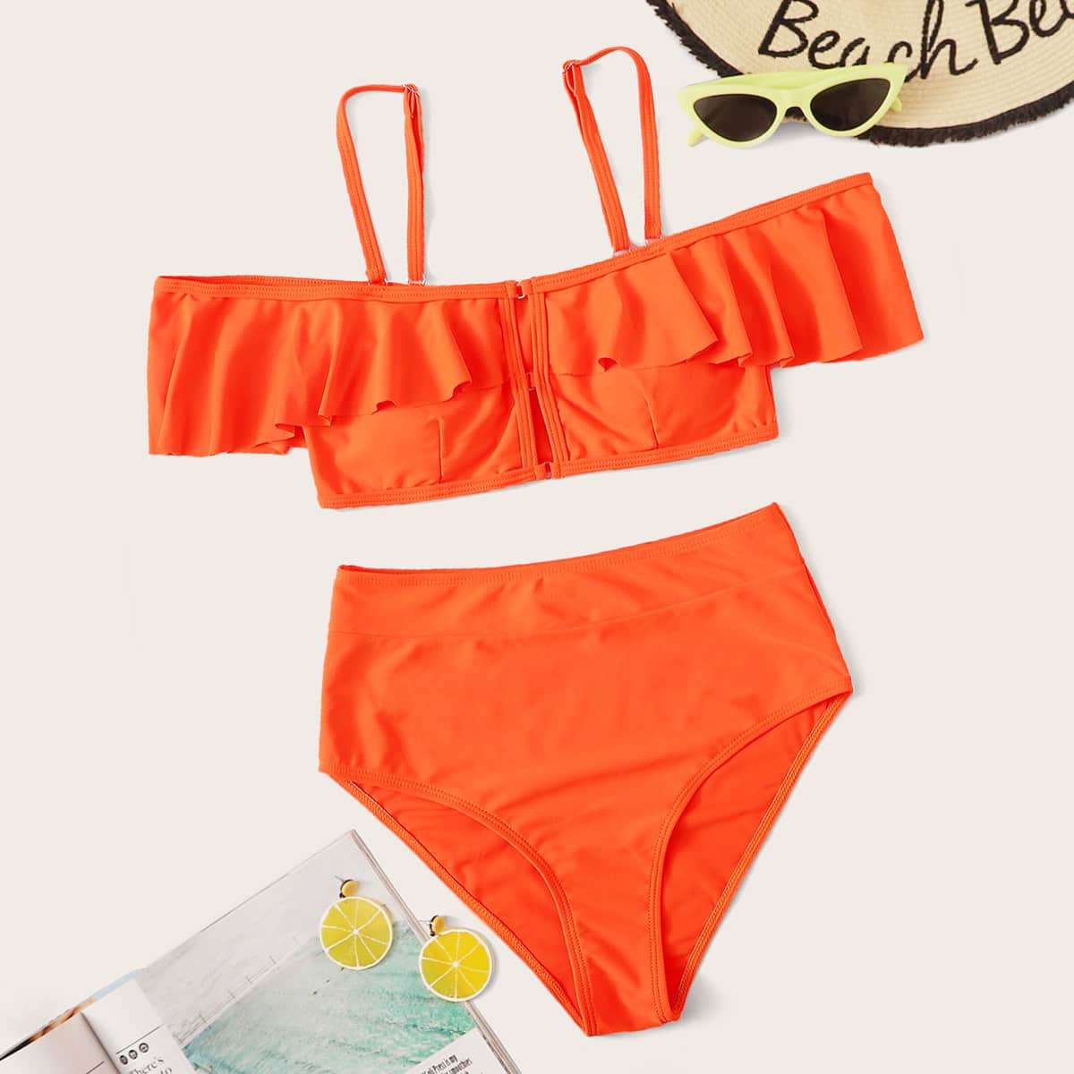 

Neon Orange Ruffle Top With High Waist Bikini Set, Orange bright